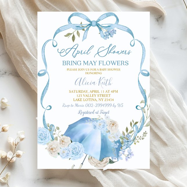 Blue Floral Bow Coquette April Showers Invitation (Creator Uploaded)