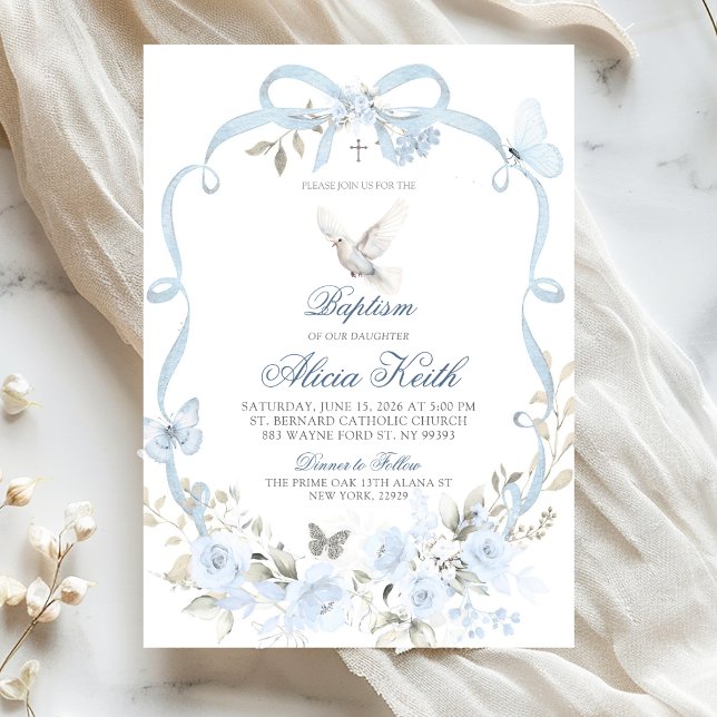Blue Floral Bow Coquette Dove Baptism Invitation (Creator Uploaded)