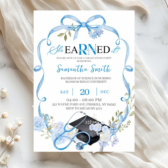Blue Floral Bow Coquette RN Graduation party  Invitation (Creator Uploaded)