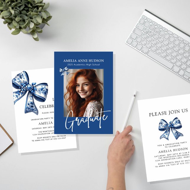 Blue Floral Bows Elegant 2025 Graduate Photo Party Invitation (Creator Uploaded)