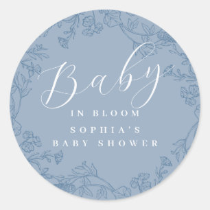 Blue Floral Boy Baby in Bloom Baby Shower Classic Round Sticker