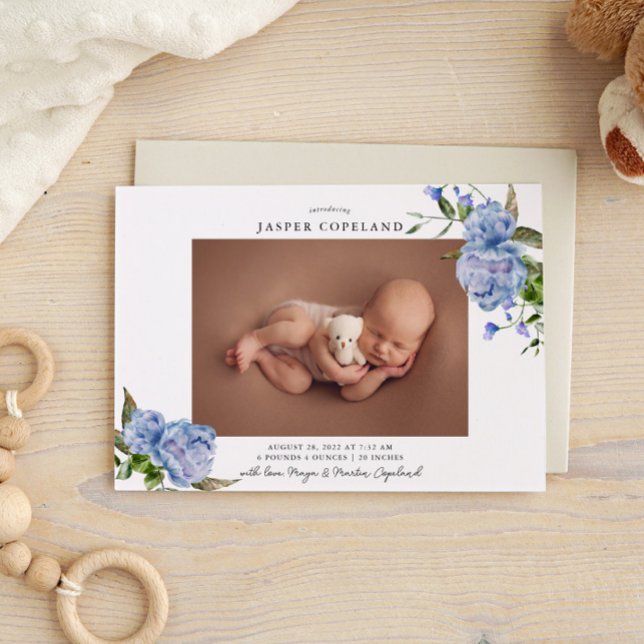 Blue Floral Boy Baby Photo Birth Announcement (Creator Uploaded)