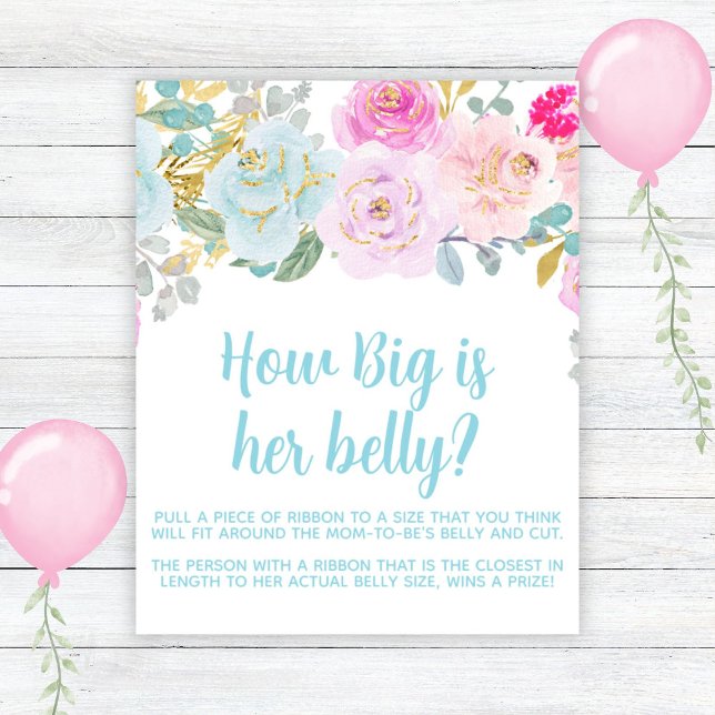 Blue Floral Boy Baby Shower Big Belly Game Sign (Creator Uploaded)