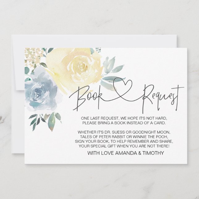 Blue Floral Boy Baby Shower Book Request Cards (Front)