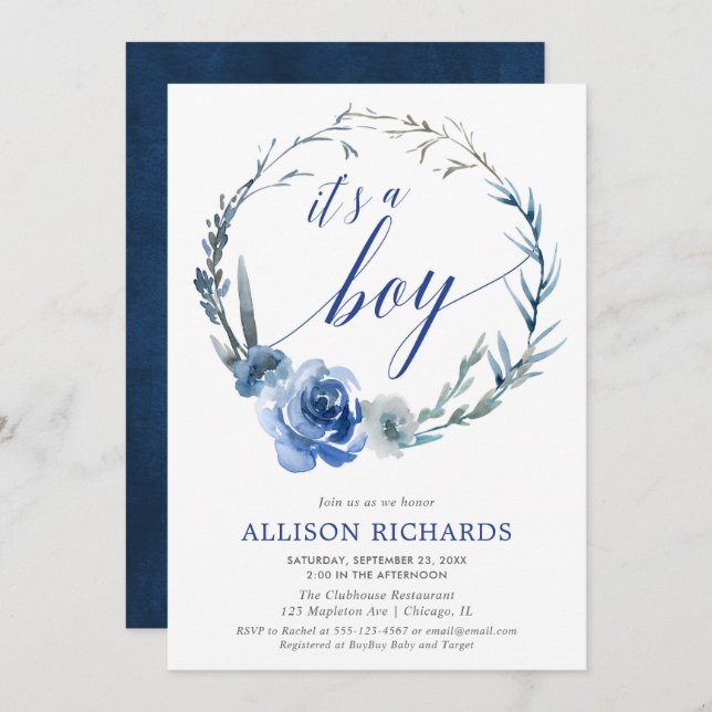 Blue floral boy baby shower, peony wreath elegant invitation (Front/Back)