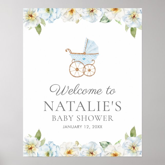 Blue Floral Boy Baby Shower Welcome Poster (Front)