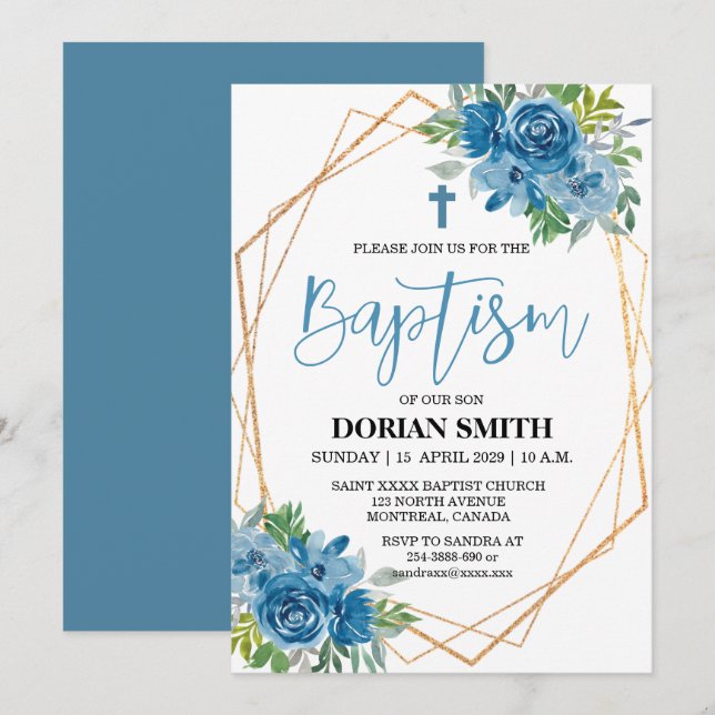 Blue Floral Boy Baptism invitation (Front/Back)