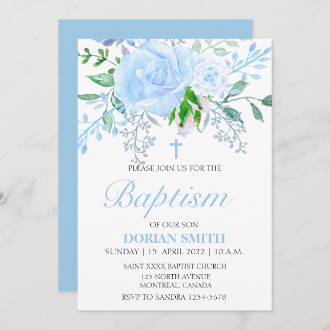  Blue Floral Boy Baptism invitation (Front/Back)
