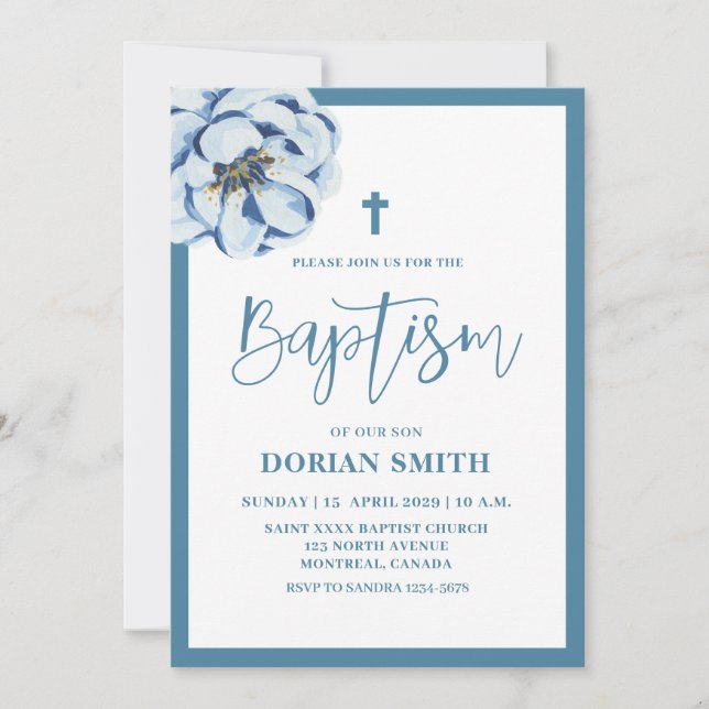 Blue Floral Boy Baptism invitation (Front)