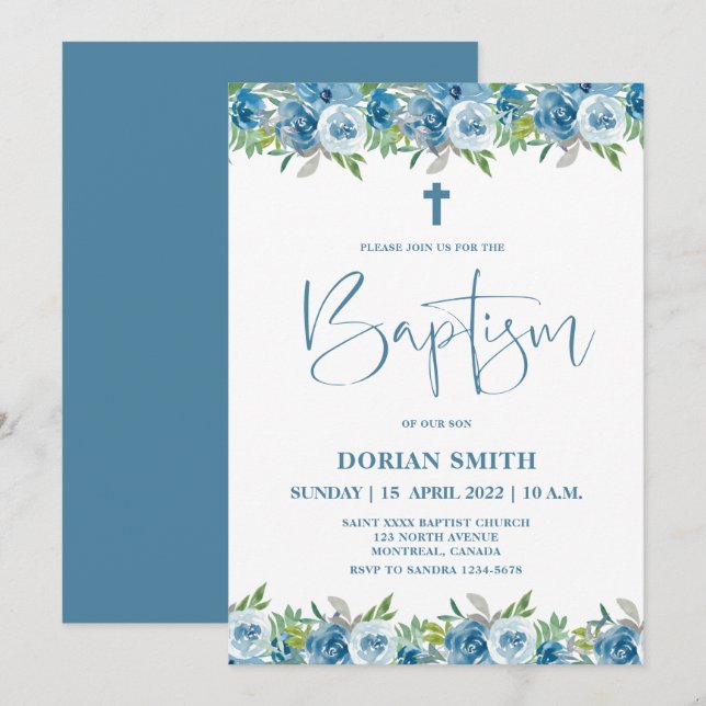 Blue Floral Boy Baptism invitation (Front/Back)