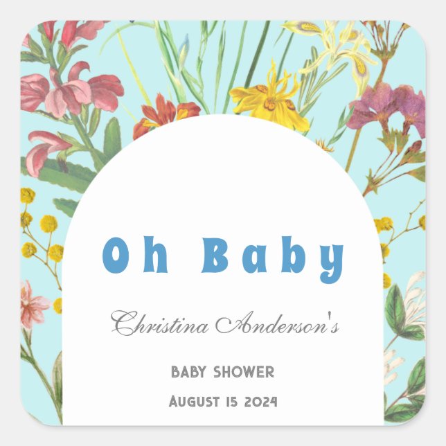 Blue Floral Boy Elegant Square Baby Shower Sticker (Front)