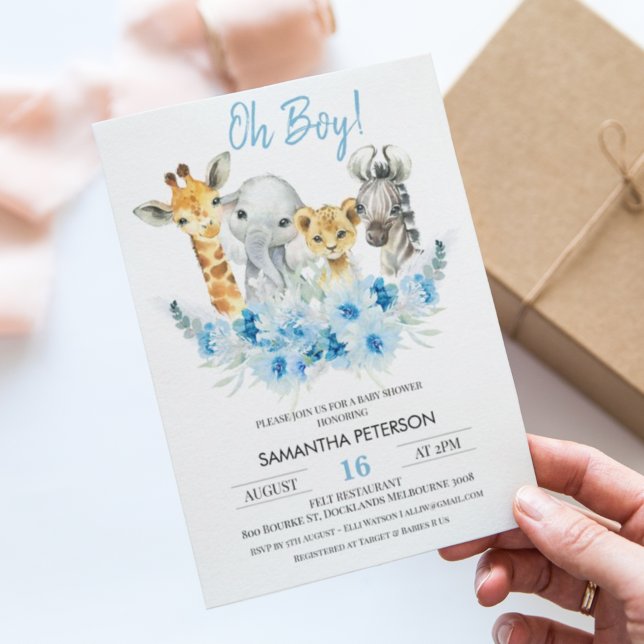 Blue Floral Boys Safari Baby Shower Invitation (Creator Uploaded)
