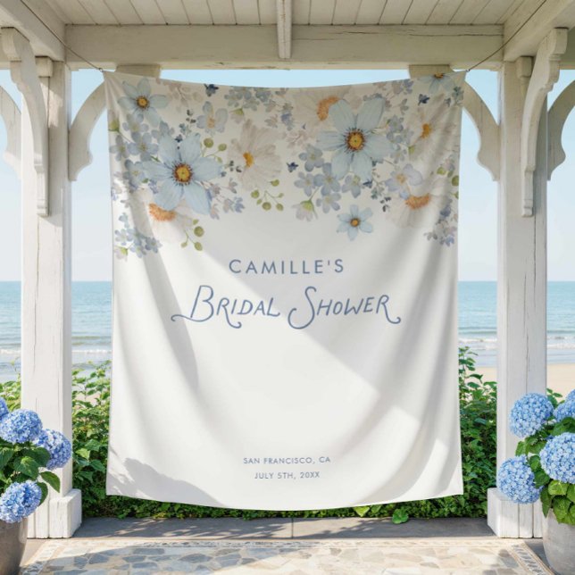 Blue Floral Bridal Bridal Shower Backdrop Banner Tapestry (Blue Floral Garden Bridal Shower Backdrop)
