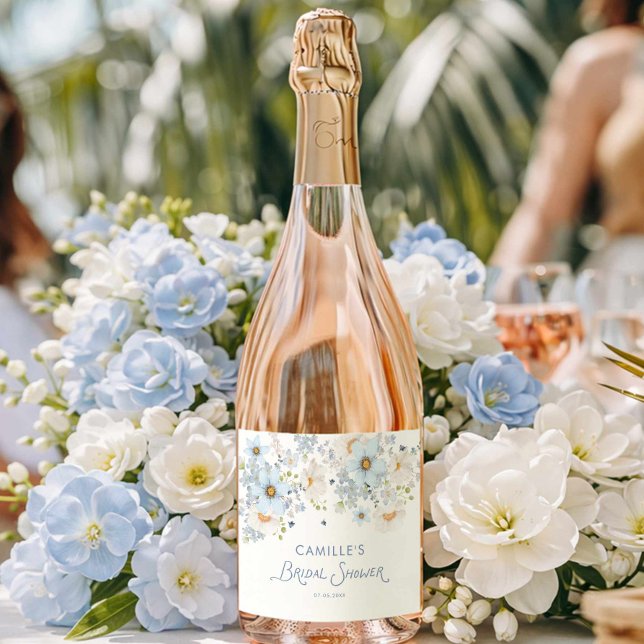 Blue Floral Bridal Bridal Shower Sparkling Wine Label (Blue Garden Bridal Shower Wine Label)