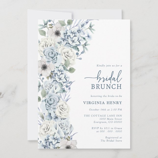 Blue Floral Bridal Brunch Invitation (Front)