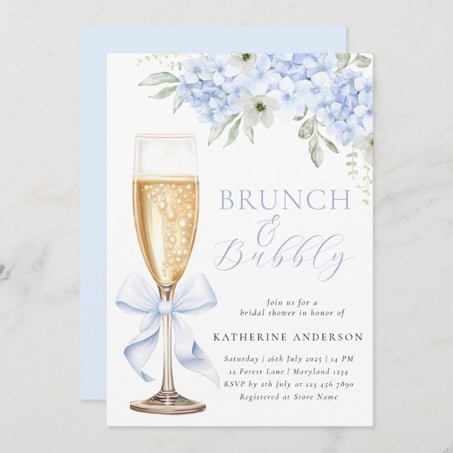 Blue Floral Bridal Brunch Shower Invitation (Front/Back)