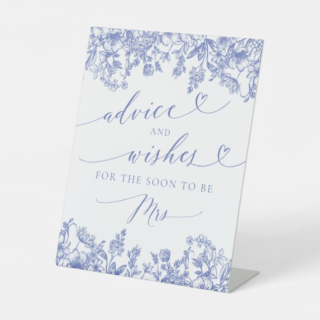 Blue Floral Bridal Shower Advice and Wishes Sign (Front)