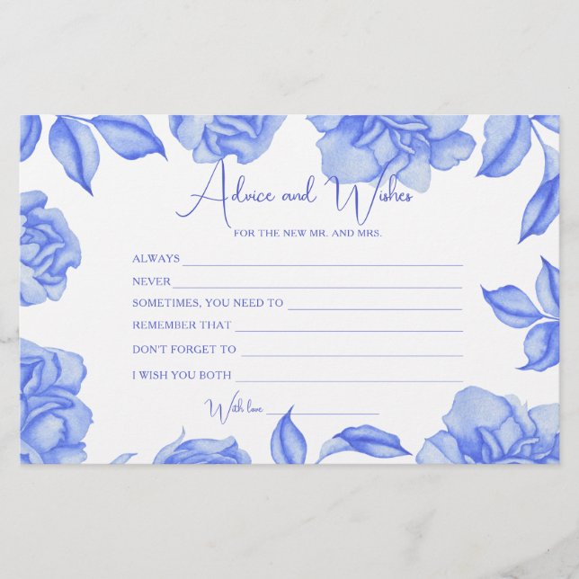 blue Floral Bridal Shower Advice and Wishes Stationery (Front)