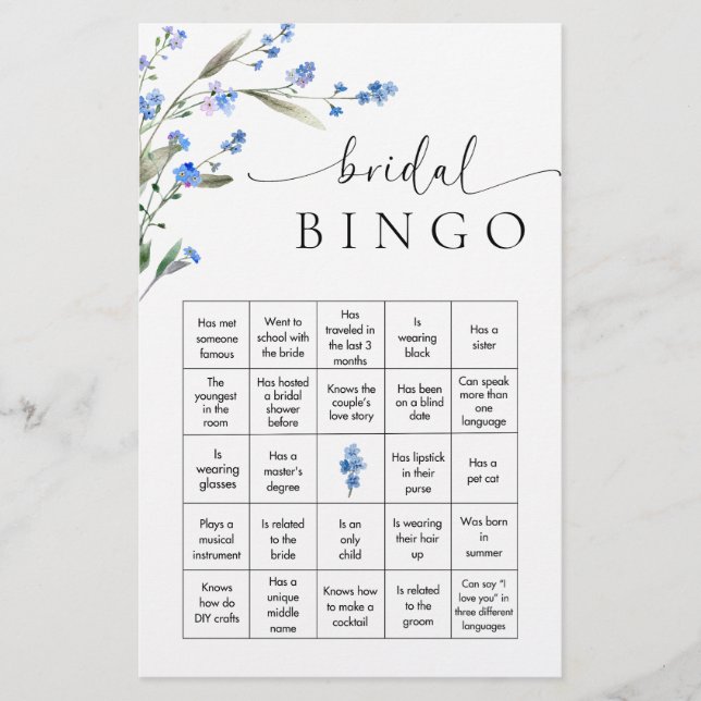 Blue Floral Bridal Shower Bingo Game Stationery (Front)