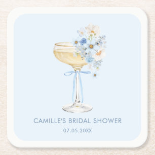 Blue Floral Bridal Shower Bubbly Brunch Drink Square Paper Coaster
