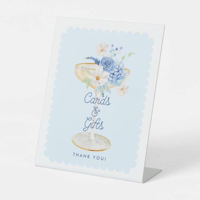 Blue Floral Bridal Shower Cards and Gifts Pedestal Sign (Front)