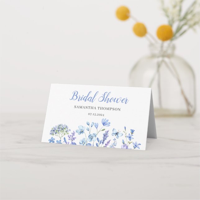 Blue Floral Bridal Shower Folded Place Card (Back)