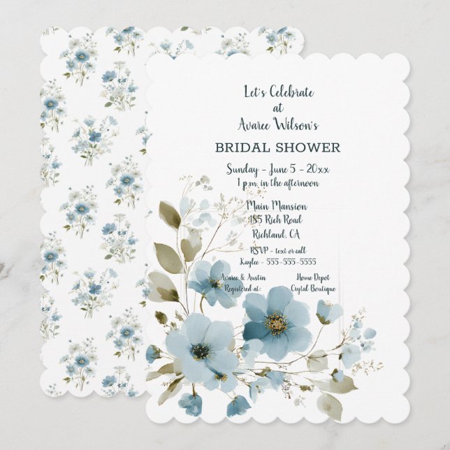 Blue Floral Bridal Shower Invitation (Front/Back)