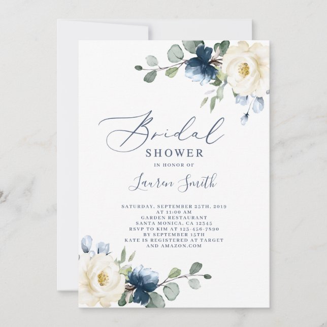 Blue floral bridal shower invitation (Front)