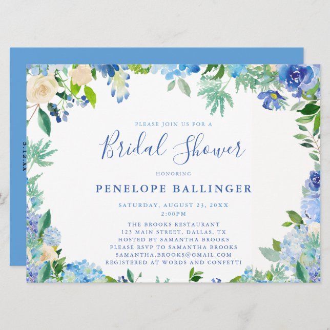 Blue Floral Bridal Shower Invitations (Front/Back)