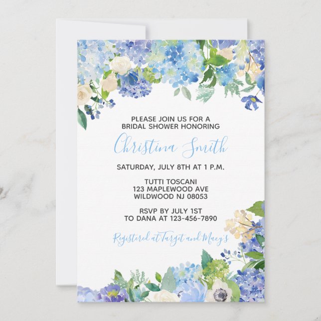 Blue Floral Bridal Shower Invitations (Front)