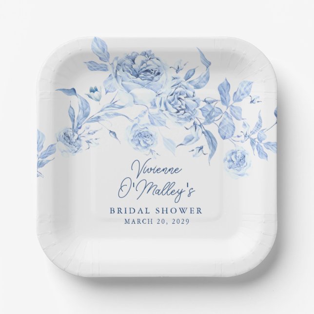 Blue Floral Bridal Shower Paper Plate (Front)