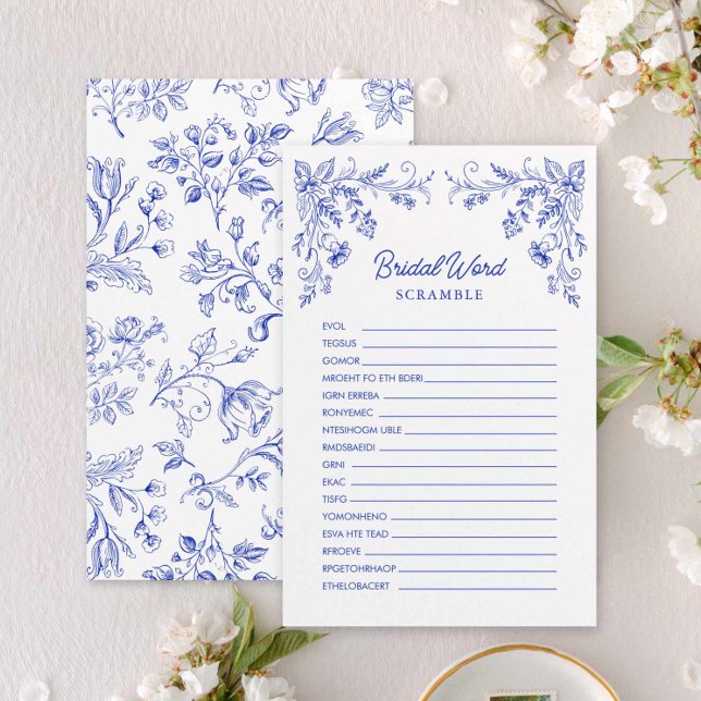 Blue Floral Bridal Shower Word Game (Something Blue Bridal Word Scramble Game Card)
