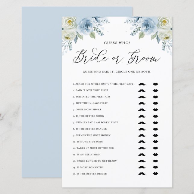 Blue Floral Bride or Groom He Said She Said Game (Front/Back)