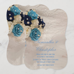 Blue floral brides bouquet wedding invitation