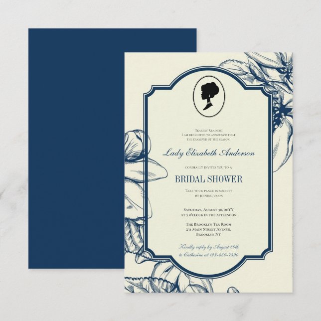 Blue Floral Bridge Theme, Wedding Tea Regency Invitation (Front/Back)