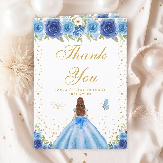 Blue Floral Brown Hair Girl Birthday Party Thank You Card (Creator Uploaded)