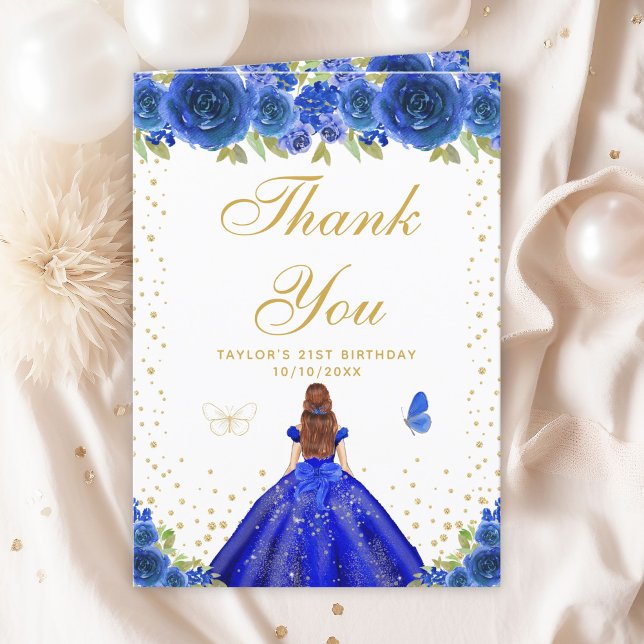 Blue Floral Brown Hair Girl Birthday Party Thank You Card (Creator Uploaded)