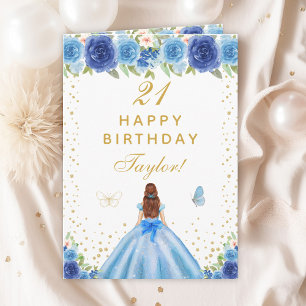 Blue Floral Brown Hair Girl Happy Birthday Card