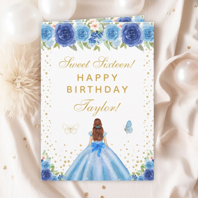 Blue Floral Brown Hair Girl Sweet Sixteen Card (Creator Uploaded)