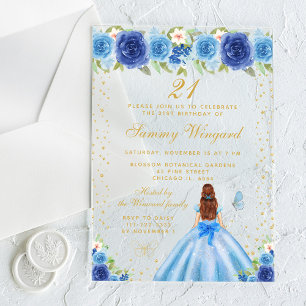 Blue Floral Brown Hair Princess Birthday Party Acrylic Invitations