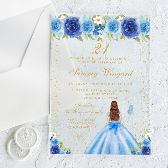 Blue Floral Brown Hair Princess Birthday Party Acrylic Invitations (Creator Uploaded)