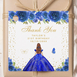 Blue Floral Brown Hair Princess Birthday Party Favour Tags