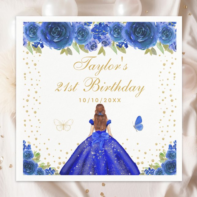 Blue Floral Brown Hair Princess Birthday Party Napkin (Creator Uploaded)