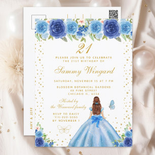 Blue Floral Brown Hair Princess Birthday Party Postcard