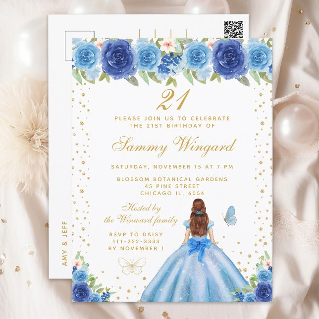 Blue Floral Brown Hair Princess Birthday Party Postcard (Creator Uploaded)