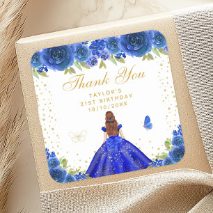 Blue Floral Brown Hair Princess Birthday Party Square Sticker