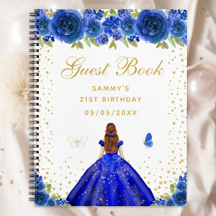 Blue Floral Brown Hair Princess Guest Book