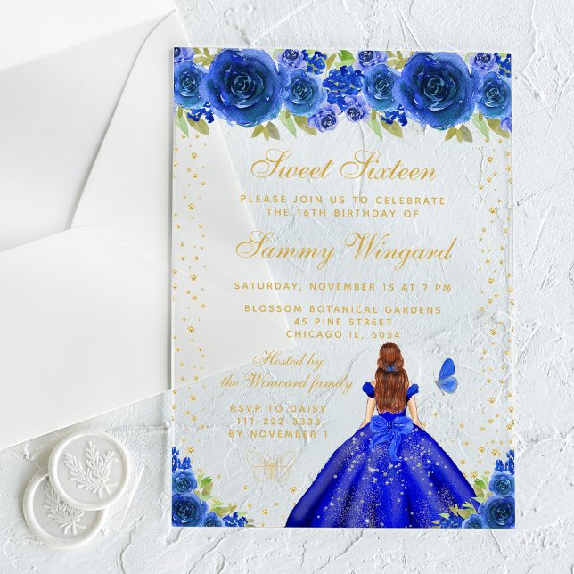 Blue Floral Brown Hair Princess Sweet Sixteen Acrylic Invitations (Creator Uploaded)