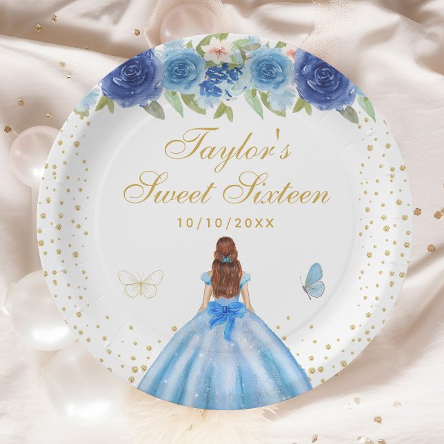 Blue Floral Brown Hair Princess Sweet Sixteen Paper Plate (Creator Uploaded)