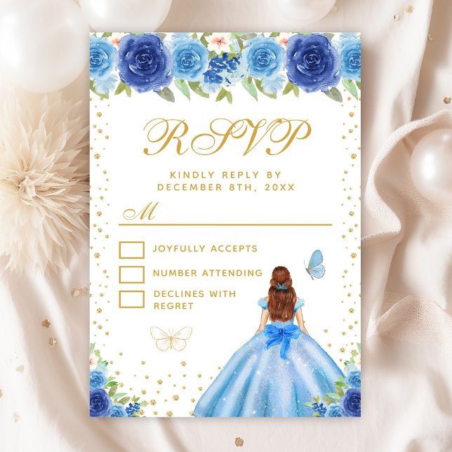 Blue Floral Brown Hair Princess Sweet Sixteen RSVP Card (Creator Uploaded)